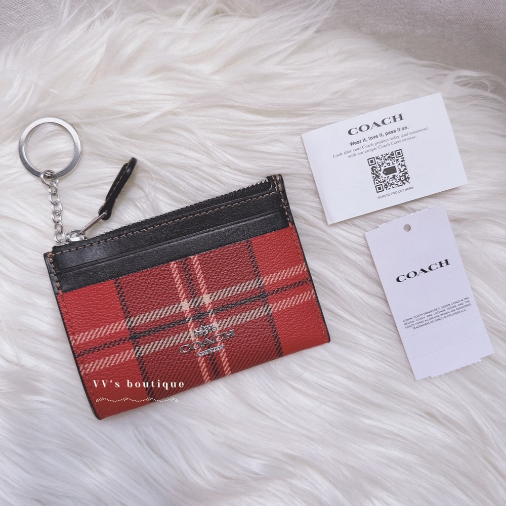 NWT Coach Mini Skinny Id Case With Tartan Plaid Print Red Black Multi CC808